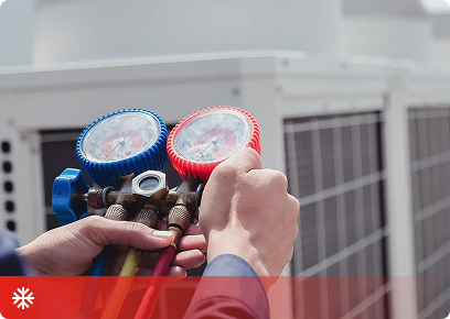 Cooling-Service-CTA Cooling service call-to-action tile: a technician's hands holding refrigerant manifold gauges at an outdoor condenser unit