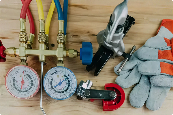 HVAC tools laid out on a workbench, including refrigerant manifold gauges, a pipe cutter, brass fittings and work gloves