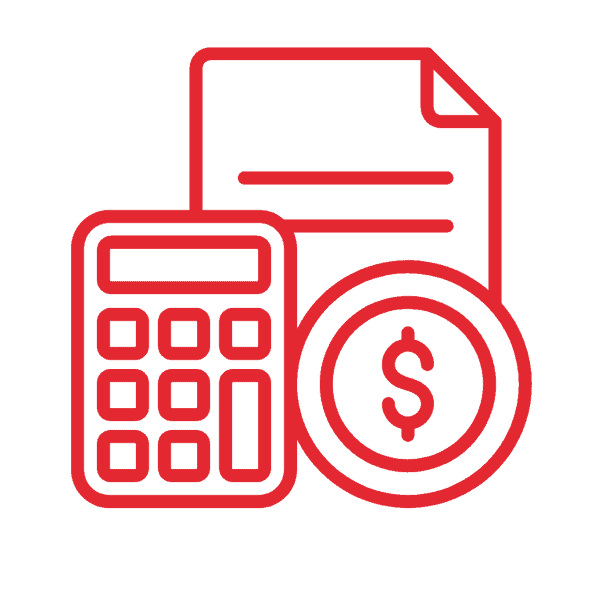 Red line drawing of a calculator, document, and dollar coin, symbolizing financial or accounting concepts—highlighting why choose us for your financial needs.