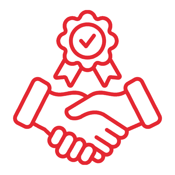 Red outline of two hands shaking with a ribbon and checkmark above them, symbolizing certified collaboration or partnership—an assurance to Choose Us for trust and reliability.
