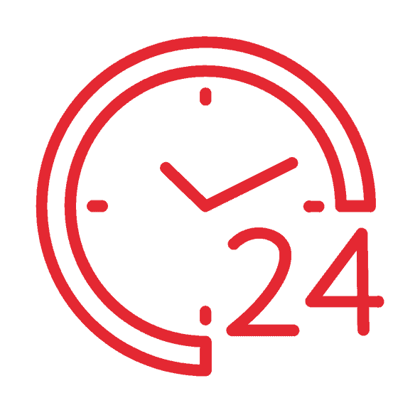 Red outline of a clock showing 10:10 with the number 24 beside it, highlighting our 24-hour service—choose us for reliable, around-the-clock support.