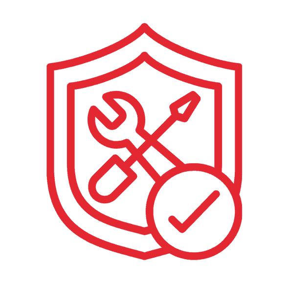 Red outline of a shield with a wrench and screwdriver crossed inside, plus a circle with a check mark overlapping the bottom right—symbolizing reliability and expertise. Choose Us for trusted, proven protection.