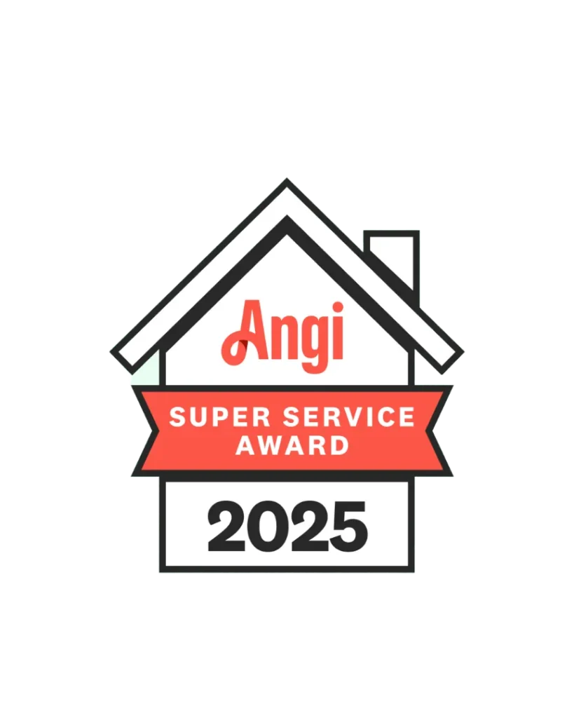 Angi Super Service Award 2025 badge in the shape of a house with a red banner and text on a black background, highlighting excellence in Twin Cities home services.